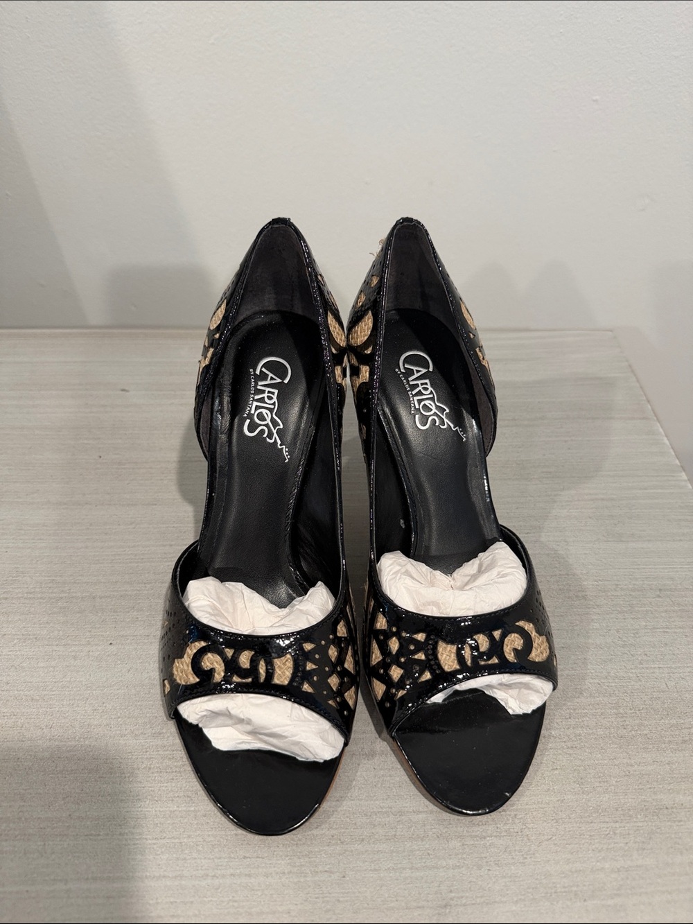 Carlos by Carlos Santana Black and Gold Cutout Peep-Toe Heels